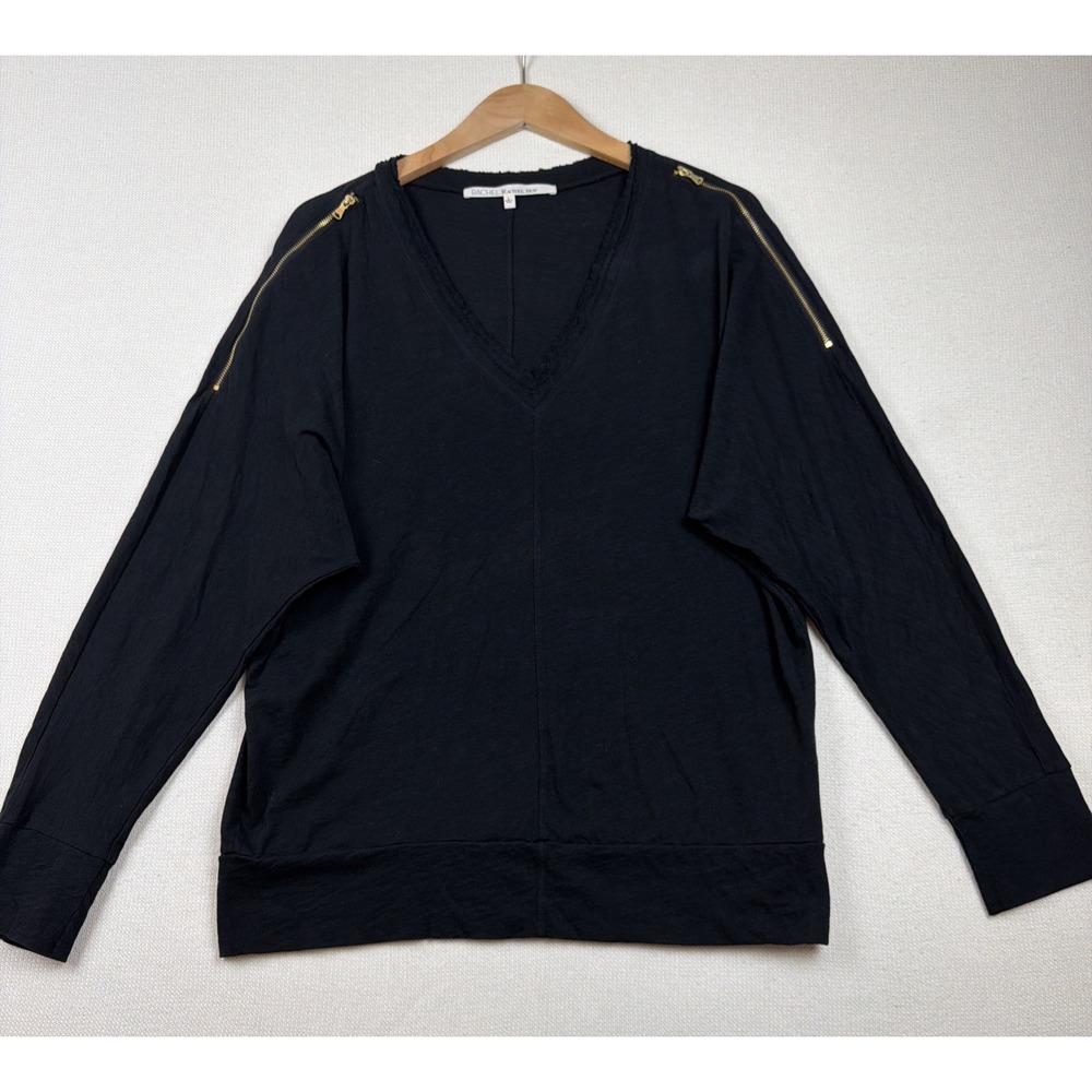 RACHEL Rachel Roy V-Neck Pullover Top Size L Black Coastal Zip Detail 100%Cotton